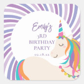 かわいい魔法の虹のユニコーンガールバースデーパーティー スクエアシール (正面)