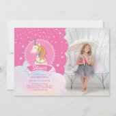 かわいい魔法の虹のユニコーンガール誕生日写真 招待状 (正面)