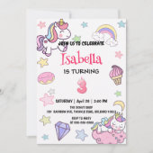 かわいい魔法の虹のユニコーン第3誕生日パーティー 招待状 (正面)