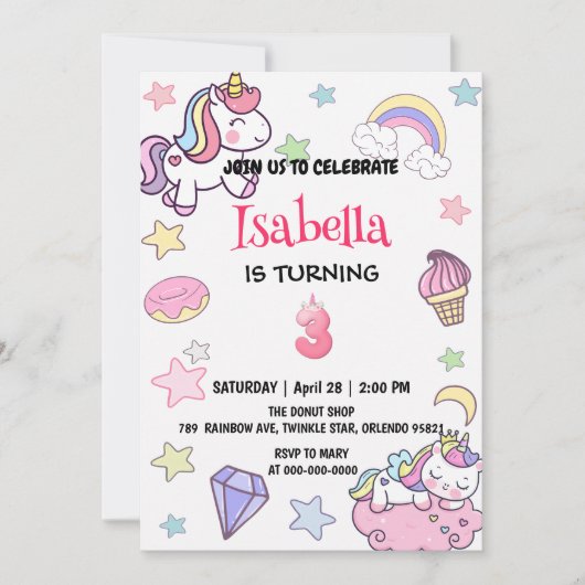 かわいい魔法の虹のユニコーン第3誕生日パーティー 招待状 (正面)