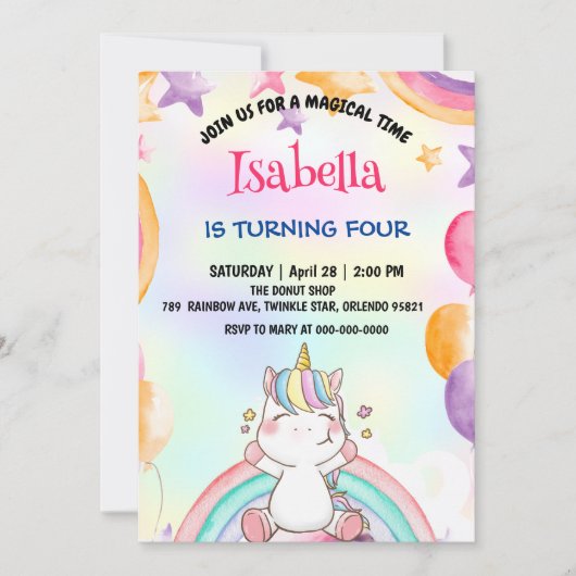かわいい魔法の虹のユニコーン誕生日パーティー 招待状 (正面)