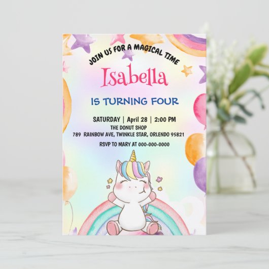 かわいい魔法の虹のユニコーン誕生日パーティー 招待状 (スタンド正面)