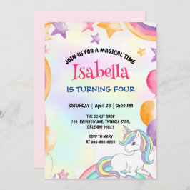 かわいい魔法の虹のユニコーン誕生日パーティー 招待状
