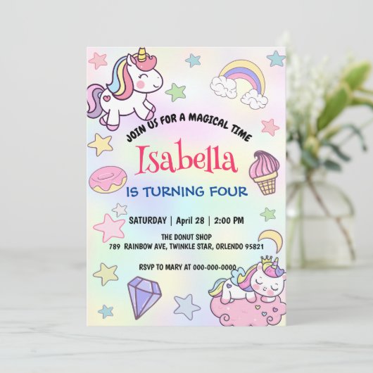 かわいい魔法の虹のユニコーン誕生日パーティー 招待状 (スタンド正面)