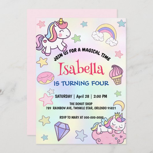 かわいい魔法の虹のユニコーン誕生日パーティー 招待状 (正面/裏面)