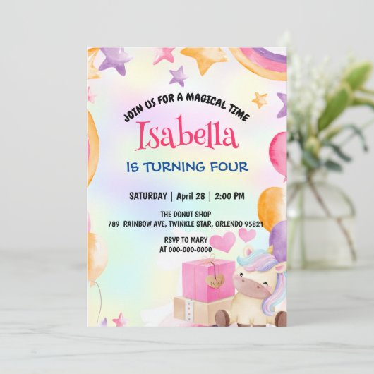 かわいい魔法の虹のユニコーン誕生日パーティー 招待状 (スタンド正面)