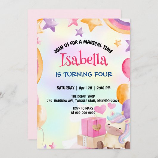 かわいい魔法の虹のユニコーン誕生日パーティー 招待状 (正面/裏面)