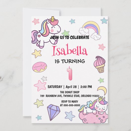 かわいい魔法の虹のユニコーン1st誕生日パーティー 招待状 (正面)