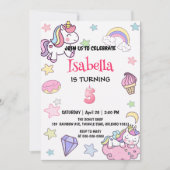 かわいい魔法の虹ユニコーン5th誕生日パーティー 招待状 (正面)