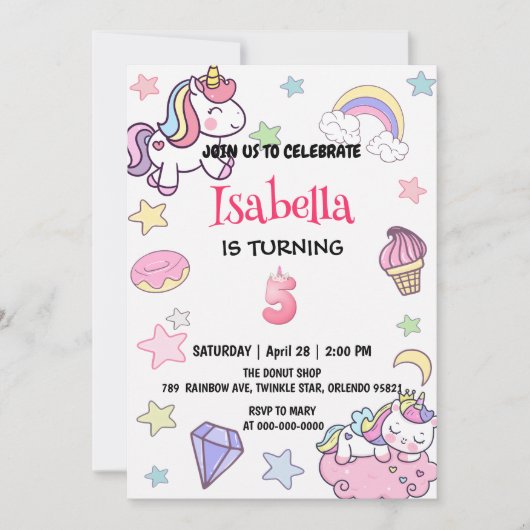 かわいい魔法の虹ユニコーン5th誕生日パーティー 招待状 (正面)