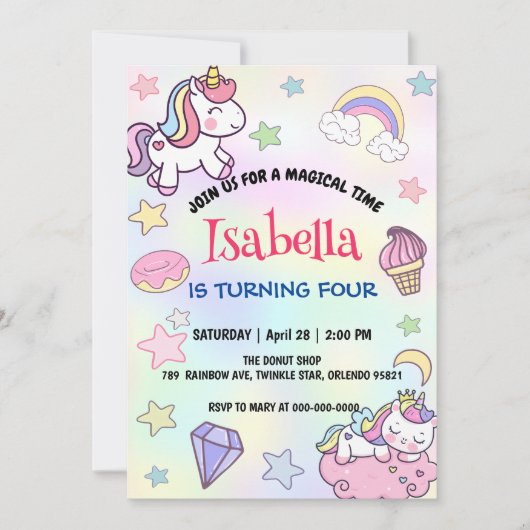 かわいい魔法の虹色ユニコーンの誕生日パーティー 招待状 (正面)