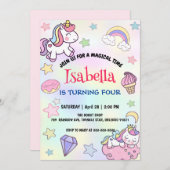 かわいい魔法の虹色ユニコーンの誕生日パーティー 招待状 (正面/裏面)