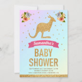 かわいい魔法の金ゴールドグリッターカンガルー赤ちゃんシャワー 招待状 (正面)