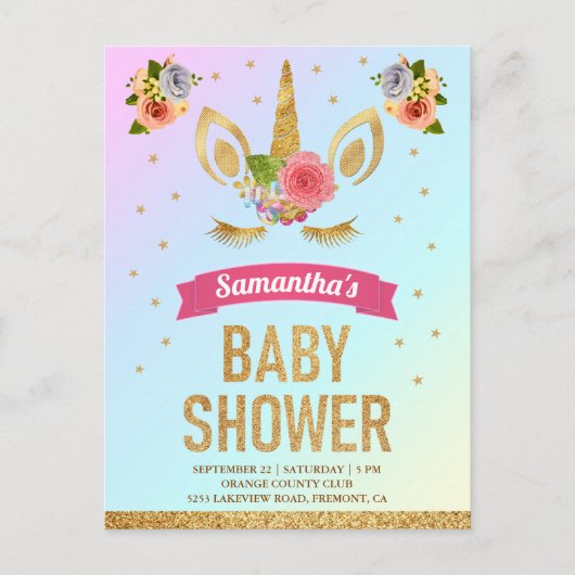 かわいい魔法の金ゴールドグリッターユニコーン顔ベビーシャワー インビテーションポストカード (正面)