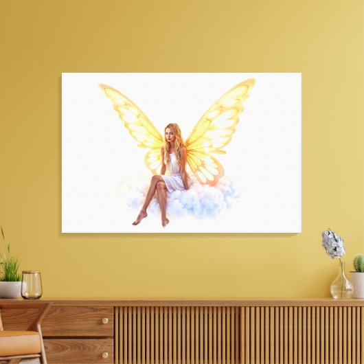 かわいい魔法の青い目の妖精の明るい黄金の翼 キャンバスプリント (インサイチュ (リビング))