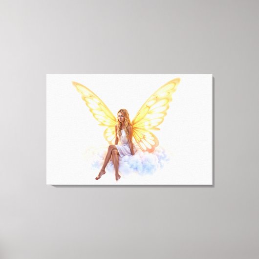 かわいい魔法の青い目の妖精の明るい黄金の翼 キャンバスプリント (正面)