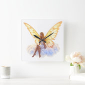 かわいい魔法の青い目の妖精の明るい黄金の翼 スクエア壁時計 (ホーム)