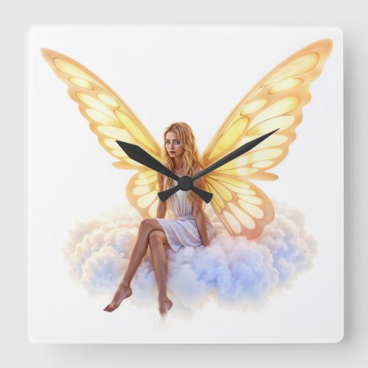 かわいい魔法の青い目の妖精の明るい黄金の翼 スクエア壁時計 (正面)