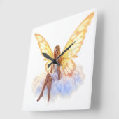 かわいい魔法の青い目の妖精の明るい黄金の翼 スクエア壁時計 (傾斜)