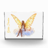 かわいい魔法の青い目の妖精の明るい黄金の翼 フォトブロック (正面)