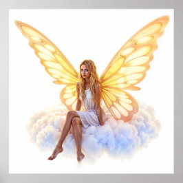 かわいい魔法の青い目の妖精の明るい黄金の翼 ポスター