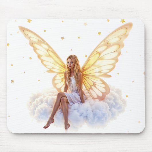 かわいい魔法の青い目の妖精の明るい黄金の翼 マウスパッド (正面)