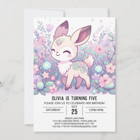 かわいい魔法の鹿のデジタル誕生日 招待状 (正面)