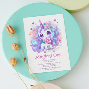 かわいい魔法の1ユニコーンモダンファースト誕生日 招待状
