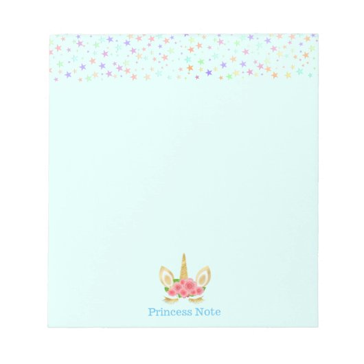かわいい魔法ユニコーン&スターズオンライトブルー ノートパッド (正面)