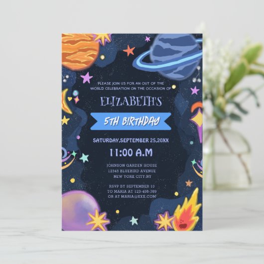 かわいい魔法ユニークの銀河系をテーマにした子どもの誕生日 招待状 (スタンド正面)