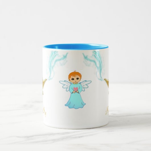 かわいい魔法ランプ、天使と書道 ツートーンマグカップ (中央)
