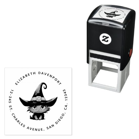 かわいい魔法猫が魔女の帽子の住所を着る セルフインキングスタンプ (インサイチュ)