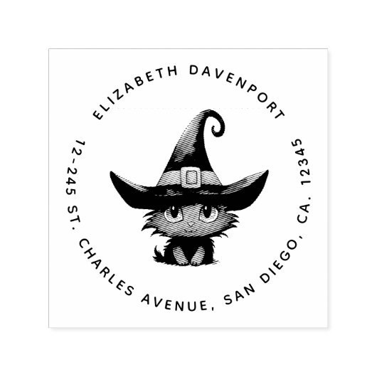 かわいい魔法猫が魔女の帽子の住所を着る セルフインキングスタンプ (デザイン)