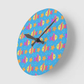 かわいい魚とヒトデ柄 ラウンド壁時計 (傾斜)