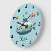 かわいい魚と泡の笑顔の潜水艦 ラージ壁時計 (傾斜)