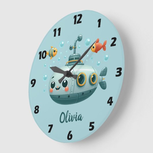 かわいい魚と泡の笑顔の潜水艦 ラージ壁時計 (傾斜)