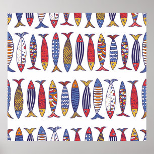 かわいい魚のイラストレーション：キッズシームレス背景 ポスター