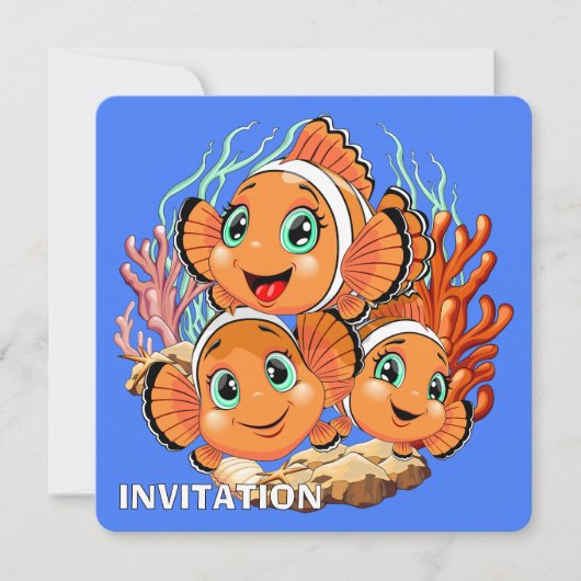 かわいい魚のキャラクター 水中 イラスト 招待状 (正面)