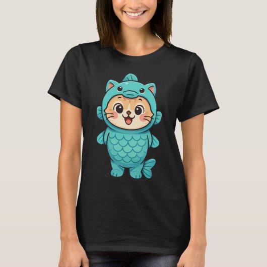 かわいい魚のコスプレをする猫 Tシャツ (正面)