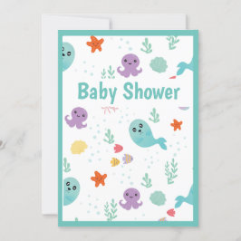 かわいい魚タコミントグリーンパープル赤ちゃんシャワー 招待状