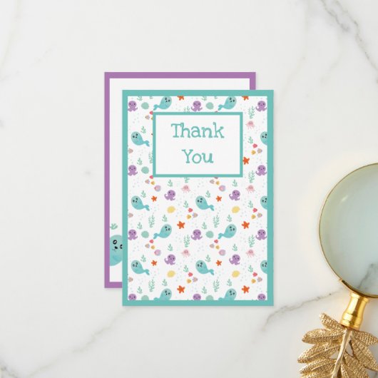 かわいい魚タコミントグリーン少年少女 サンキューカード (正面/裏面インサイチュ)