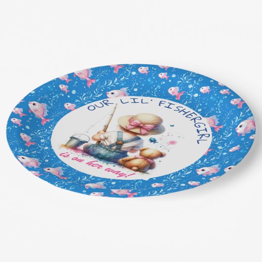 かわいい魚釣りをテーマにした少女の赤ちゃんシャワー ペーパープレート (アングル)