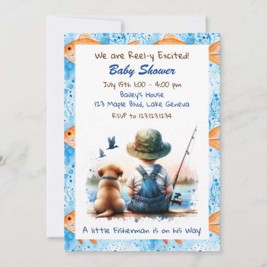 かわいい魚釣りをテーマにした少年の赤ちゃんシャワー 招待状 (正面)