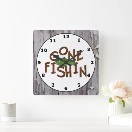 かわいい魚釣りキャビン単語アートフィッシュウォールクロック スクエア壁時計 (ホーム)