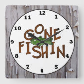 かわいい魚釣りキャビン単語アートフィッシュウォールクロック スクエア壁時計 (正面)