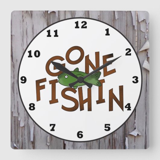 かわいい魚釣りキャビン単語アートフィッシュウォールクロック スクエア壁時計 (正面)