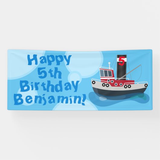 かわいい魚釣りトローラーボートの漫画の誕生日 横断幕 (横)