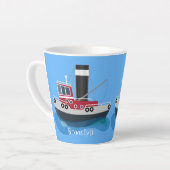 かわいい魚釣りトローラーボート漫画イラストレーション カフェラテマグ (左アングル)