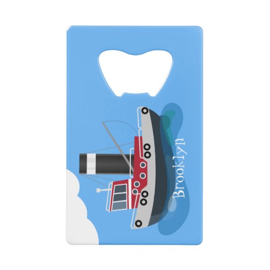 かわいい魚釣りトローラーボート漫画イラストレーション クレジットカード栓抜き (正面)