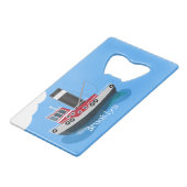 かわいい魚釣りトローラーボート漫画イラストレーション クレジットカード栓抜き (正面アングル)